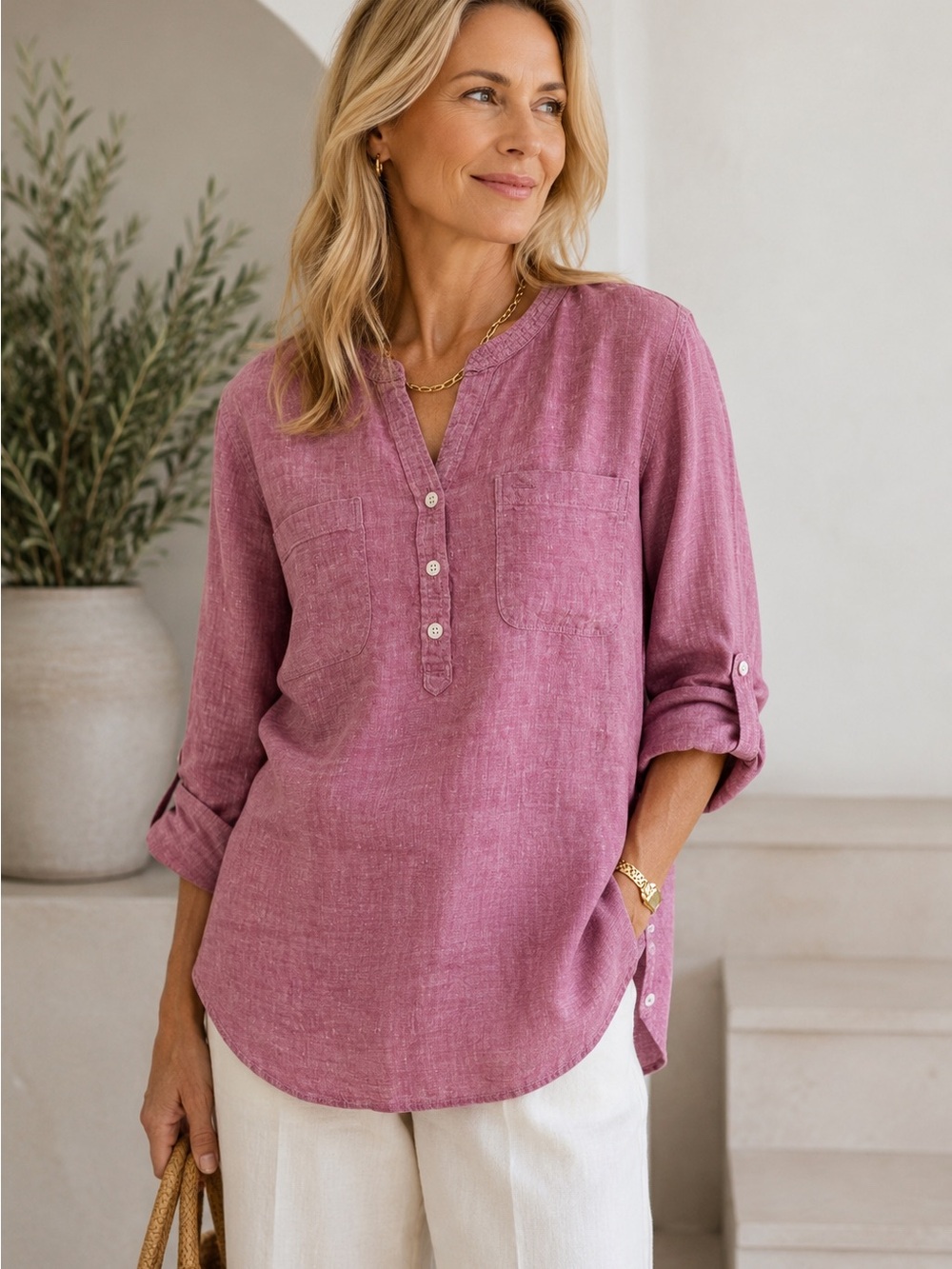 Quiet Luxury Linen Tunic Top Pink L Coastal Grandma Resort Chic Roll Tab